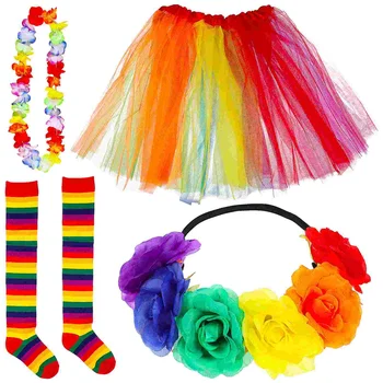 1 Комплект аксессуаров PrideЮбка-пачка, носки выше колена с радужными леями, Цветочная повязка на голову, праздничный костюм