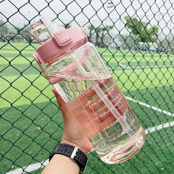 2-литровая бутылка для воды с соломинкой, женский кувшин, Портативные дорожные бутылки для девочек, Чашка для велосипеда для фитнеса, Летний кувшин для холодной воды с маркером времени