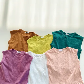2023 Летние майки для маленьких девочек и мальчиков Хлопковые топы ярких цветов Детские базовые футболки без рукавов для детей Девочек Оптом