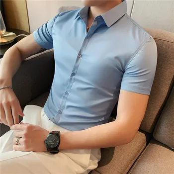 6 цветов, летняя тонкая шелковистая деловая рубашка с коротким рукавом, мужская высококачественная однотонная повседневная приталенная рубашка Ice Silk