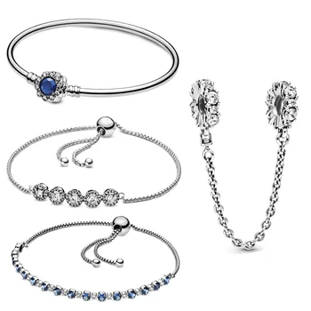 Chamss Новая серебряная голубая снежинка 925 пробы, классическая блестящая цепочка, круглый браслет с кубическим цирконием, оригинальные женские модные украшения