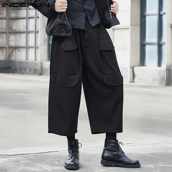 INCERUN 2023, Новые Мужские брюки в Корейском стиле, Укороченные брюки с несколькими карманами, Повседневная Уличная одежда, Однотонные Универсальные Свободные брюки S-5XL