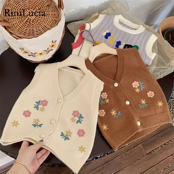 RiniLucia/ Весенне-осенний свитер с V-образным вырезом и цветочным рисунком для маленьких девочек, жилет, детский вязаный кардиган, свитер, одежда для новорожденных девочек, новинка 2023 года выпуска