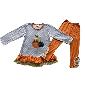 Бутик одежды на день благодарения, осенняя детская одежда, белый топ в горошек с тыквой, оранжевые леггинсы, комплект для девочек.