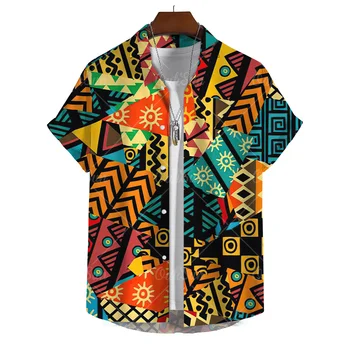 Винтажная мужская рубашка в богемном стиле Рубашка с короткими рукавами Винтажные топы с принтом Тотема Летняя мода Индивидуальные рубашки Мужская одежда