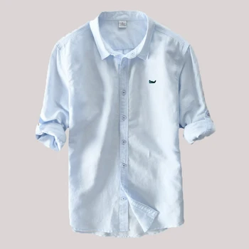 Высококачественная весенне-летняя мужская рубашка, повседневная однотонная блузка с длинным рукавом, хлопковые льняные рубашки, модная одежда для мужчин, топы 601