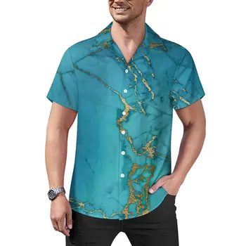 Голубая мраморная свободная рубашка, мужские повседневные рубашки с золотым металлическим камнем, летние забавные блузки Оверсайз на заказ с короткими рукавами