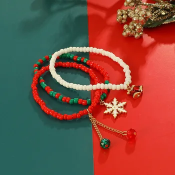 Горячая рождественская серия из 3 колокольчиков в виде снежинок, красные, зеленые и белые браслеты, Аксессуары для праздничных подарков, украшения для женщин и девочек