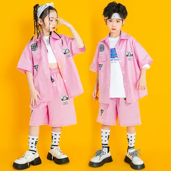 Детская одежда для выступлений на сцене Одежда в стиле хип-хоп Розовая футболка оверсайз Повседневные брюки для девочек и мальчиков Одежда для джазовых танцев