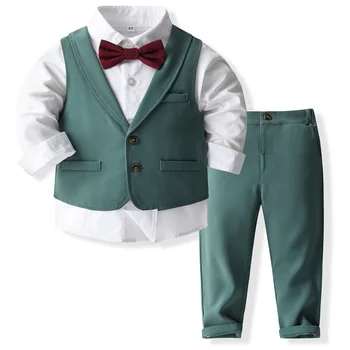 Детский костюм для мальчиков, топы, рубашка, жилет, Брюки с галстуком, официальная одежда для мальчиков в цветочек, 4 предмета, осенний комплект для мальчиков с длинными рукавами