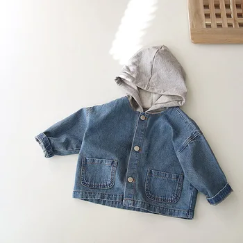 Детское пальто Корейская версия Для мальчиков и девочек, осенне-зимняя модная новая Корейская версия джинсовой детской куртки с капюшоном, универсальная