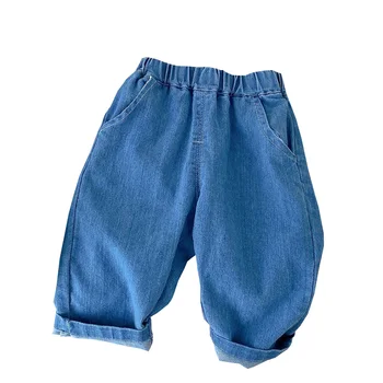 Джинсы для мальчиков, однотонная повседневная Весенне-осенняя Детская одежда, школьники, Синие джинсовые брюки для девочек, Новое поступление