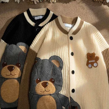 Кардиган в японском стиле с милым медведем, свитер для мужчин и женщин, весенне-осенние повседневные свободные вязаные свитера, топы в стиле хип-хоп