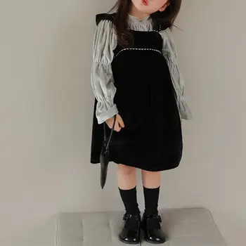 Комплект детской одежды 2023, весна-осень, новинка для девочек, бархатная однотонная рубашка и платье в корейском стиле, повседневный простой комплект из двух предметов