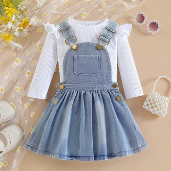 Комплект детской одежды для девочек, однотонная футболка в рубчик с длинным рукавом, топы + джинсовое платье на подтяжках, Детские весенне-осенние наряды