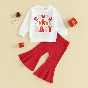 Комплекты рождественской одежды для детей и девочек 2023 года, толстовки с длинными рукавами и буквенным принтом в виде пряников + Брюки-клеш в рубчик, рождественские наряды