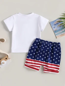 Летние наряды для маленьких мальчиков из 2 предметов, топы с футболками с короткими рукавами, шорты с эластичным поясом, комплект одежды на День независимости (B-белый)