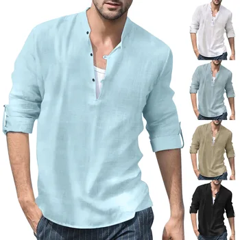 Мужская льняная рубашка Henry со стоячим воротником и длинными рукавами, повседневная пляжная рубашка 2023, Весна-лето, Новый Удобный мужской топ