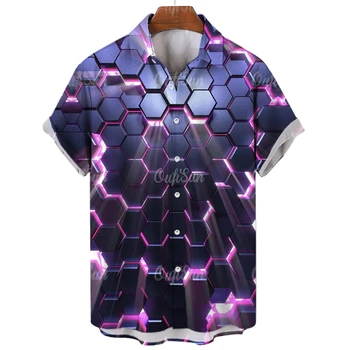 Мужская рубашка с лацканами с красочным геометрическим принтом, 3D принт, повседневная гавайская одежда с коротким рукавом, свободная уличная мужская одежда, новинка