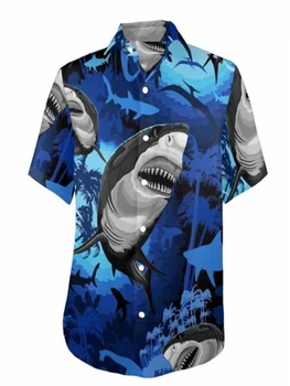 Мужские синие блузки с принтом акулы, летняя уличная рубашка с лацканами, топы с короткими рукавами и пуговицами для отдыха