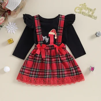 Одежда из 2 предметов для маленьких девочек, Рождественский комбинезон с длинными рукавами и буквенным принтом и клетчатая юбка на подтяжках, осенне-весенняя одежда