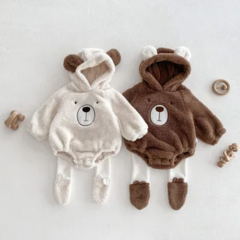 Осенне-зимний детский Плюс Бархатный боди с длинным рукавом для малышей, Милый Мишка, Цельная одежда из хлопка для новорожденных мальчиков и девочек, теплый комбинезон
