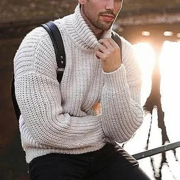Осенне-зимний мужской однотонный новый свитер с высоким воротом, пуловер с длинными рукавами, шерстяная куртка из натуральной кожи