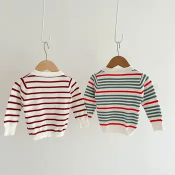 Осенние вязаные простые топы для девочек, удобная хлопковая нижняя рубашка, модная футболка контрастных цветов в полоску с длинными рукавами для мальчиков