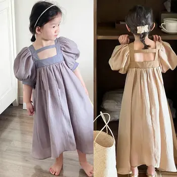 Платье для девочек с милыми пышными рукавами, шелковые платья принцесс 2023 года, новая летняя одежда с коротким рукавом для малышей