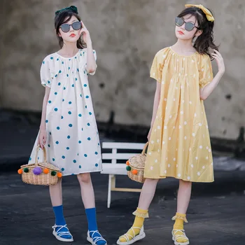 Повседневное платье для девочек, лето 2023, Новая Детская хлопчатобумажная одежда длиной миди, детские милые платья в горошек, #7454
