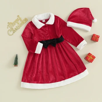 Рождественский наряд для маленькой девочки, шляпа Санта, бархатное платье для малышей, платье с длинными рукавами и рюшами, бархатное платье-пачка с пуговицами и поясом