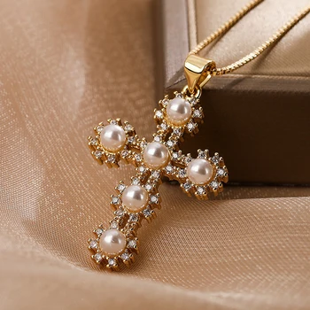 Роскошное женское ожерелье с жемчужным крестом, Классическое Винтажное эстетическое очарование, полное циркония, христианские модные украшения Бесплатная Доставка