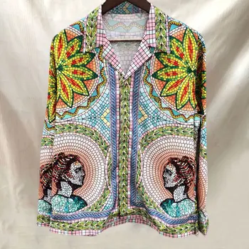 Рубашка для вечеринки в стиле хип-хоп, ретро Контрастная рубашка с художественным портретным принтом, Модная рубашка с длинным рукавом в богемном стиле для мужчин