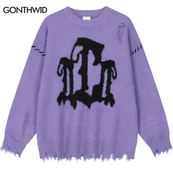 Хип-хоп Рваный свитер Y2K Harajuku Вязаный Джемпер с буквенным отверстием Уличная одежда 2023 Мужская мода Свободные Панк-готические пуловеры и свитера